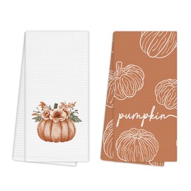 EGBTL Fall Floral Pumpkin Kitchen Towels, Rustic Autumn Orange Pumpkin Hand Towels for Bathroom Decor, Farmhouse Vintage Fall Dishcloths Dish Towel for Kitchen 16x24 Inches Set of 2