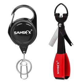 SAMSFX Fishing Quick Knot Tying Tool 3.7" Large Size 4 in 1 Mono Line Clipper with Zinger Retractor Combo (Carabiner Style Zinger & Black Knot Tool)