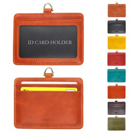 CIBOLA Luxury Cowhide Leather ID Card Holder, Horizontal Type, Employee ID Case, Genuine Leather, ID Holder, Commuter Pass Business Card Holder, Card Storage, Work or School, Name Holder, Card Case,