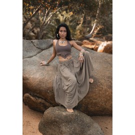Women's Maxi Skirt Bohemian with Pockets Gypsy Elastic High Waist Cotton (Taupe - Earth)