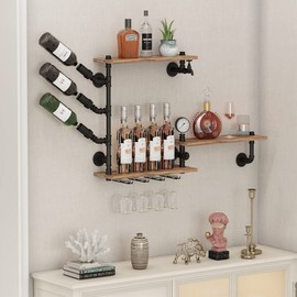 HEONITURE 3 Tier Industrial Wall Wine Rack, 46in Floating Bar Liquor Shelves with 4 Stem Glass Holder, Pipe Shelf Shelving Wine Glass Rack, Wine Rack Wall Mounted Living Room Kitchen Decor, Black