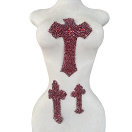 MOPISVN 3PCS Pure Handsewing Rhinestones Applique Multicolor Cross Patch DIY Craft Accessories for Dress Jackets Jeans Backpacks Hats Clothing Decoration (Wine)