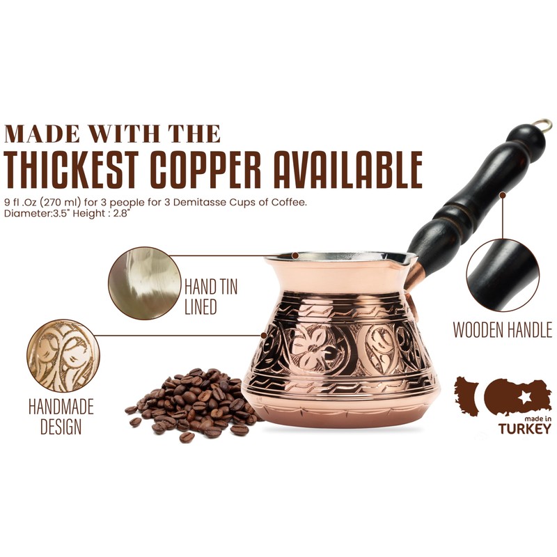 DEMMEX Thickest Copper Turkish Greek Arabic Coffee Pot, Stovetop Coffee