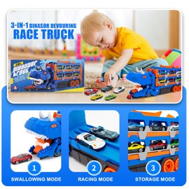 Toddler Toys Car Track Set, Dinosaur Transporter Truck Toys with 12 Race Car, Transform Carrier Truck with Handle, Portable Truck Car Toy with 61.8 inch Race Track, Gift for Age 3-8 Boys Girls