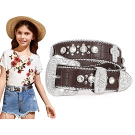 SUOSDEY Kids Rhinestone Belt Girls Boys Cross Shiny Leather Belts Bling Western Embossed Buckle Head for Pants Dress Jeans