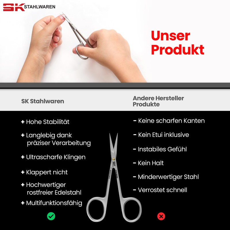 SK STAHLWAREN Professional cuticle scissors, curved, extra sharp nail scissors.