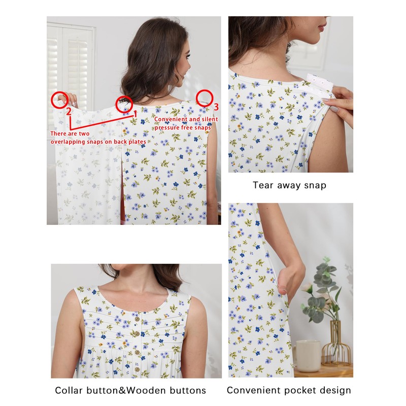 Hospital Gowns for Women Tear Away Snap Open Back Post