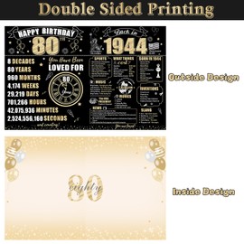 Turypaty Large 80th Birthday Card With Envelope for Men Women, 1944 Black Gold Happy 80th Birthday Giant Guest Signature Book Gifts, Big Vintage 1944 80th Greeting Card Decoration Party Supplies