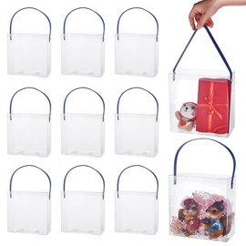 BENECREAT 10 Sets Clear PVC Favor Boxes with Blue Leather Handle, 7.8x3.9x7.8Inch Transparent Favor Bags for Candy Chocolate, Party Favors, Gift Packaging