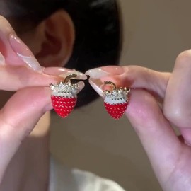Strawberry Fruits Earrings for Women Cubic Zirconia Red Enamel Fruit Dangle Earring Lucky Mini Hypoallergenic Strawberry Drop Earrings Trendy Jewelry for Women (style-B)