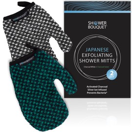 Japanese Exfoliating Mitt 2-Pack by Shower Bouquet: Silver Ions Prevent Bacteria, Activated Charcoal Removes Impurities to Deeply Clean Skin; 1 Charcoal White & 1 Charcoal Green Exfoliating Glove Mild