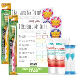 MOUTHWATCHERS Soft Kids Toothbrush, 2 Manual Flossing Toothbrushes and 2 Strawberry, Organic, SLS Free, Fluoride Free Toothpastes, 3 oz, Gift Set, by Dr. Plotka's