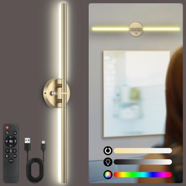 TiInsta Battery Operated Wall Sconce,Wireless Wall Lights with Remote, 360°DIY Rotatable RGB Lamp with Timer, 3000K-6500K LED Dimmable Wall Decor for Vanity, Living Room, Hallway Gold