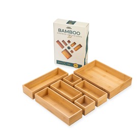 Grow Forward 7-Piece Bamboo Bathroom Drawer Organizer Trays - Wood Junk Drawer Organizers for Kitchen, Office, Vanity, Desk, Nightstand - Nesting Storage & Organization Boxes in 4 Assorted Sizes
