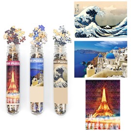 Pack of 3 Mini Jigsaw Puzzles 150 Pieces for Adults Small Puzzle 6 x 4 Inch Entertainment Toy for Home Decor (Eiffel Tower, Kanagawa Surfing, Aegean Sea)