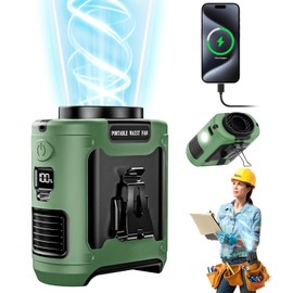 Portable Waist Fan,10000mAh Portable Waist Fan Clip,MAX 40H Work Time,5 Speeds 16000RPM Strong Belt Fan,Dual Clip, Flashlight,For Outdoor Jobsite Camping Traveling（Green）