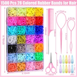 auroray 28 Colors Rubber Bands for Hair, 1500 Pcs Elastic Hair Bands Baby Girl Hair Ties Mini Hair Rubber Bands with 4 Hair Styling Tools 10 Hair Clips Hair Accessories for Toddler Baby Girl Kids