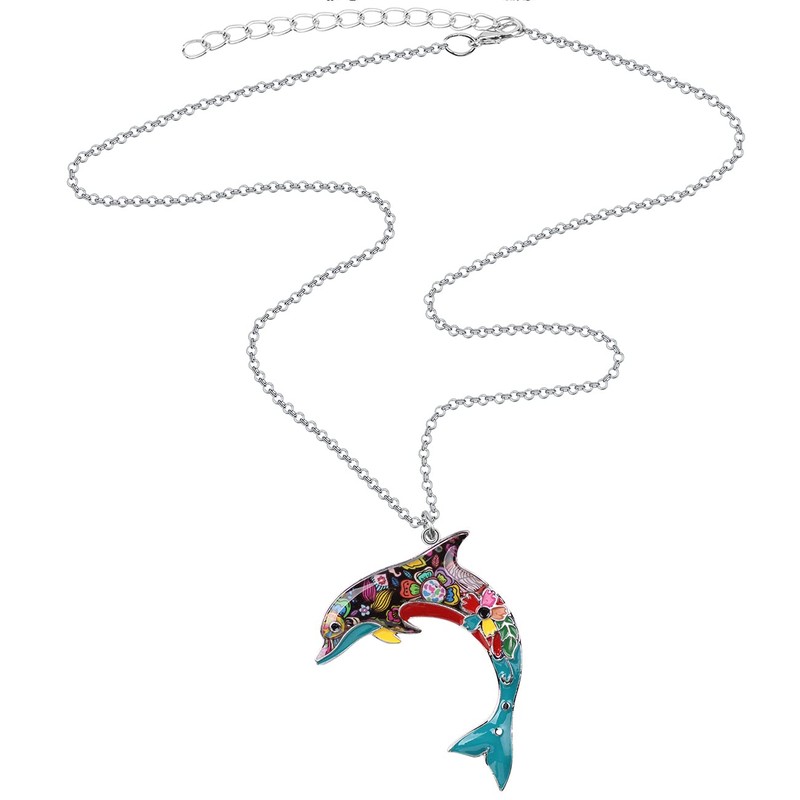 BONSNY Ocean Collection “BLUE” Statement Enamel Alloy Dolphin Necklace Pendant