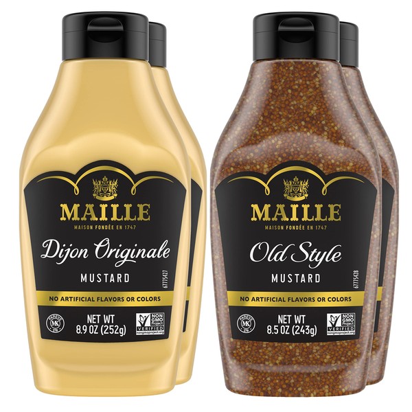 Maille Dijon Mustard Squeeze Condiment Variety Pack Dijon Originale & Old Style Non-GMO, Kosher 8.5 oz 4 Pack