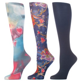 Celeste Stein Therapeutic Compression Socks for Women, 8-15mmhg Mild, Set Of 3, Made In Usa, Help Leg Circulation Bright Blues Queen, 3count