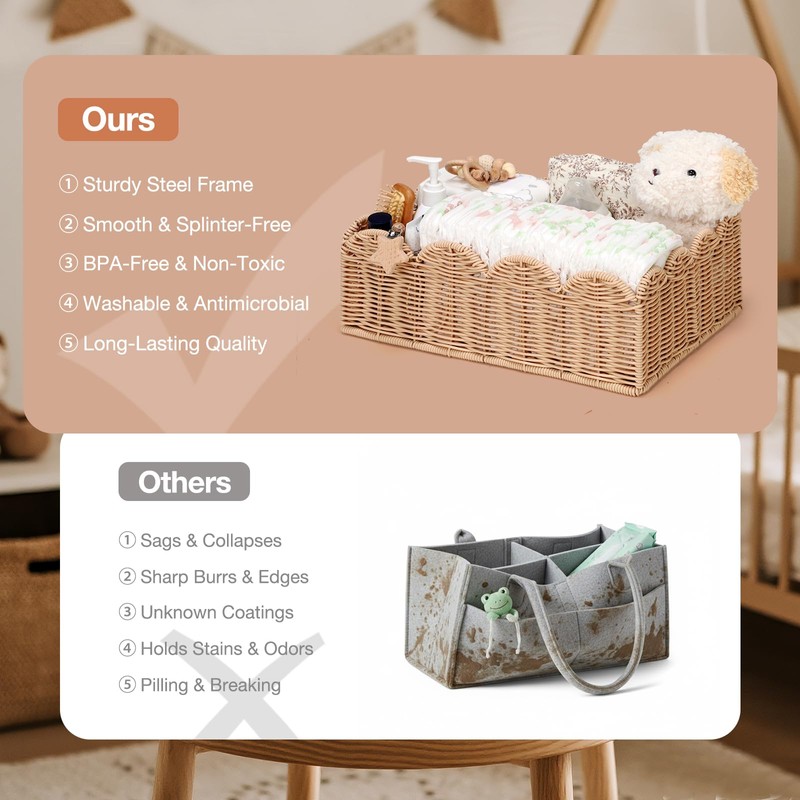 Klippehop Wicker Diaper Caddy Organizer, Nursery Storage Basket for Diapers