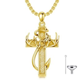 MEIDERBO Cross Urn Necklace for Ashes Fish Hook Cremation Necklace 925 Sterling Silver Deer Antler Cross Memorial Jewelry Cross Keepsake Gifts for Men Father Husband(Gold)