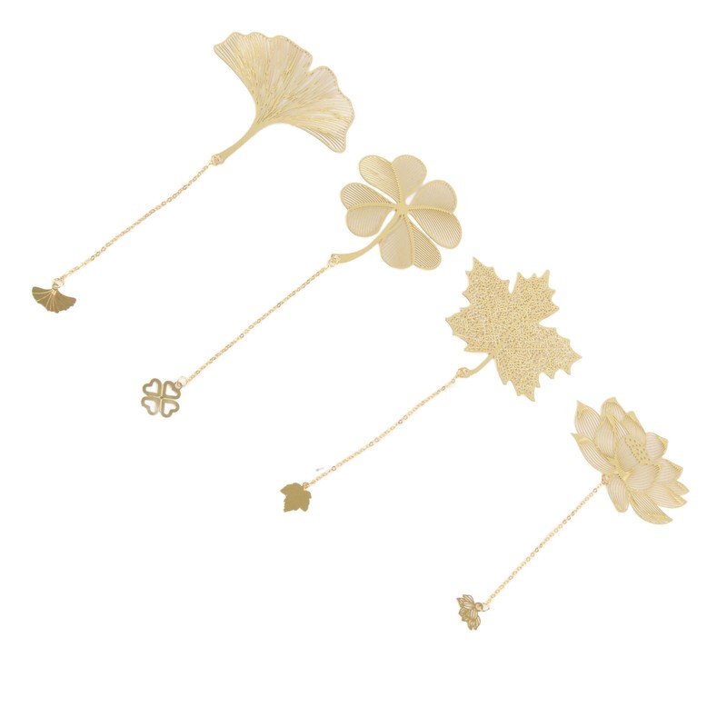 4pcs Metal Bookmarks with Chain Four Patterns Hollow Thin Golden