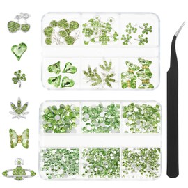 QIUTIMIY 30 PCs 3D Luxury Nail Art Charms + 650 PCs Rhinestones and Tweezers Kit Crystals Diamonds Jewelry Stones(Light Green)