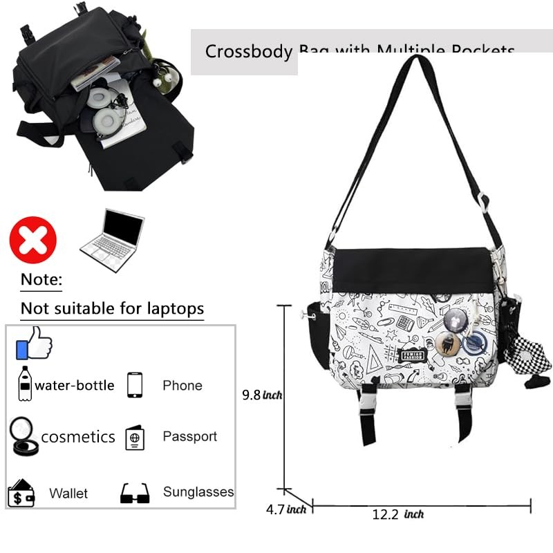 Inshere Kawaii Messenger Bag with Cute Pins and Ornament, Casual
