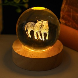 YU FENG 3D Carved Wolf Crystal Ball with Warm White Light Base 2.36 Inch