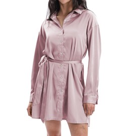 Xintianji Women's Mini Short Satin Silk Shirt Dress with V Neck Button Up and Waist Strap Pink
