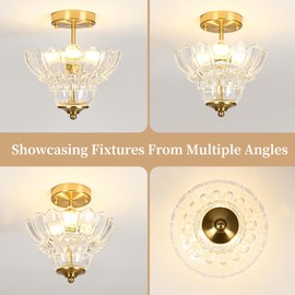 Rainzepher Vintage Gold Semi Flush Mount Light with Floral Class Shade, Close-to-Ceiling Fixture for Bedroom,Living Room, Kitchen, Hallway