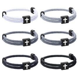 Kvekstio 6 Pieces Cross Bracelets – Men's Adjustable Rope Bracelets with Stainless Steel Cross Charm for Grandson Son, Christian Faith Affirmation Gift, Minimalist Cross Gift with Metal Knot for Him,
