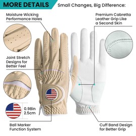 FINGER TEN Golf Gloves Men Left Handed Golfer 2 Pack Right Hand with Ball Marker Leather Premium Weathersof Grip Soft Mens Golf Glove (Khaki,M/Large,Worn on Right Hand)