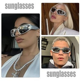 DQbhzh Y2K Wrap Around Sunglasses for Men Women Trendy Oval Sport Sun Glasses (White Silver Sunglasses)