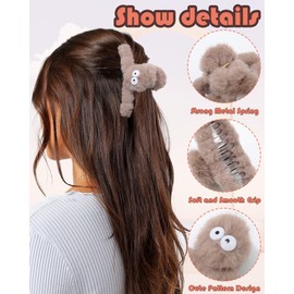 Ufgin Fuzzy Claw Clips for Women Girls - 3 Pcs Non-Slip Furry Hair Clips Cute Fuzzy Clip for Thick or Thin Hair(Black+Brown+Beige)