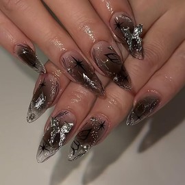 Press On Nails Long Almond Shape Nails Black Ombre Fingernails for Sticking Glitter Silver Artificial Nails Butterfly Rhinestone Fake Nails Glue Nails Nail Tips Women's Nail Accessories Pack of 24