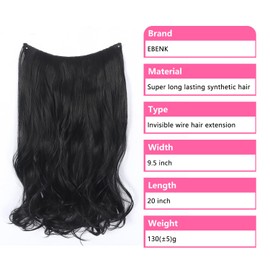 EBENK 4PCS Clip In Hair Extensions 20 Inch - Long Wavy Secret Hairpiece with Adjustable Transparent Wire, Secure Clips, Hair Pieces for Women 2(Natural Black)