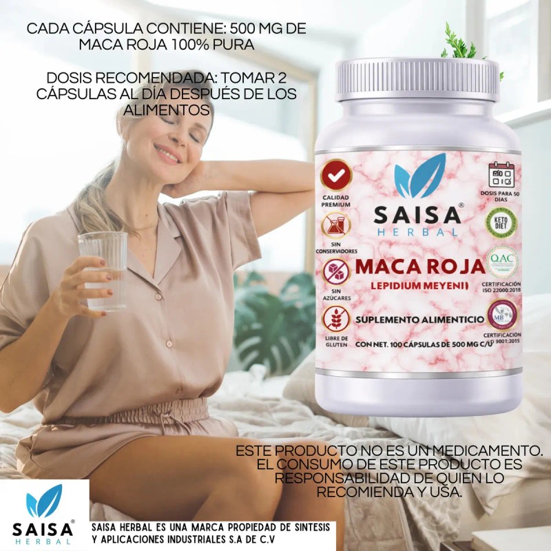Maca Roja Orgánica 100 Pura Cápsulas Suplemento Alimenticio Saisa Herbal