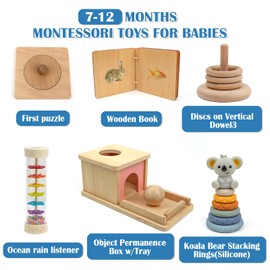 LEADER JOY Montessori Toys for Babies 7-12 Months, Learning Educational Set Toys (includes Wooden Book,Object Permanence Box,Puzzle, Ocean Rain Stick,Stacked Circle with Koala,Wooden Stacker)