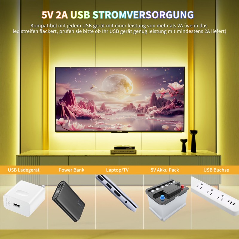 PAUTIX RGB LED Strip Light USB 5 V 2 m,