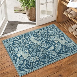 Lahome Forest Rabbit 2x3 Entryway Rug, Soft Animal Washable Blue Throw Rug for Entrance Indoor, Whimsical Stain Resistant Woodland Bunny Non Slip Door Mat for Bathroom