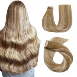 HotLulana Tape-In Real Hair Extensions, Balayage Light Brown with Golden Blonde (#10/10/22) Extensions, Real Hair, 16 Inches / 40 cm, 40 Pieces, 40 g, Skin Weft, 100% Natural, Invisible Tape