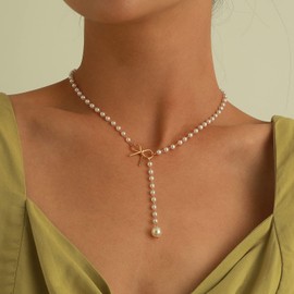 ALRNBY Pearl Necklace for Women Dainty Faux Pearl Beaded Necklace Chic Bow Knot Y Lariat Shape Necklace Pearl Drop Necklace for Women Trendy Jewelry Gift