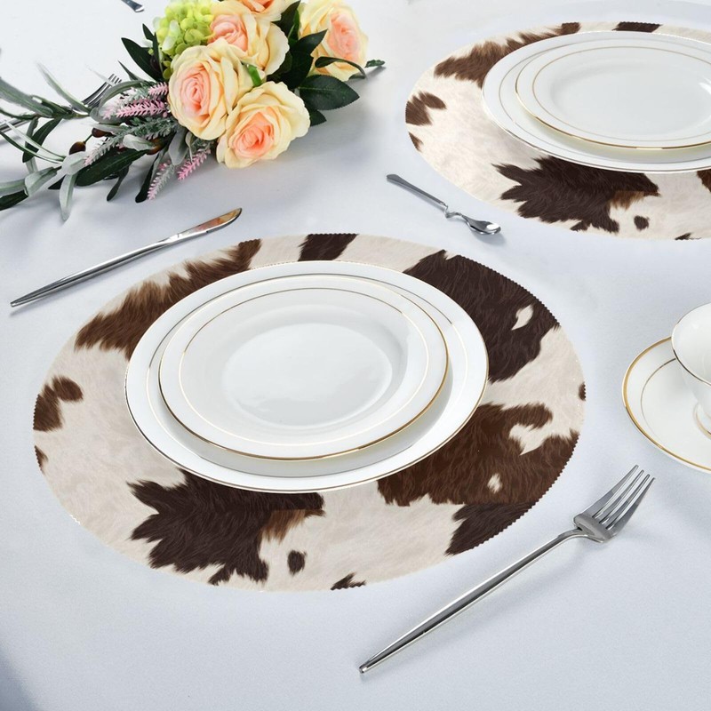 JUZIHAI Brown White Cow Print Placemats 15 Inch Round Polyester