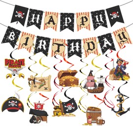 Gameza Pirate Birthday Party Decorations - 16PCS Pirate Birthday Party Hanging Swirl Banner Decorations Pirate Decorations for Birthday Party Ceiling Wall Streamer Decorations Kids Boys