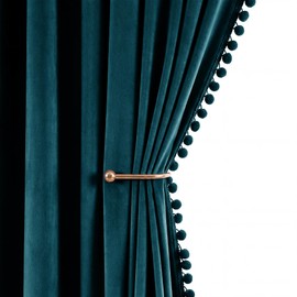 RYB HOME Teal Velvet Blackout Curtains with Pompoms for Bedroom Nursery