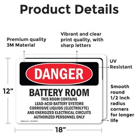 (2 Pack) Battery Room Contains Lead-Acid OSHA Danger Sign 18 Inch X 12 Inch Vinyl Label Decal Sticker Weather Resistant, UV Protected for Workplace, Business, and Construction Site, Made in the USA