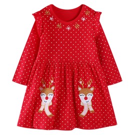 Hongshilian Little Girls Cotton Casual Dress Cartoon Appliques Fall Clothes Basic Jersey Long Sleeved Party Dresses(2T,Red&Reindeer)