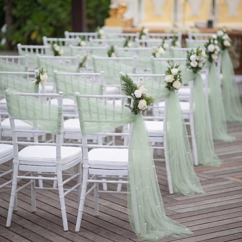 16 Packs Pearl Chair Sashes Wedding Decorations 8ft Sage Green